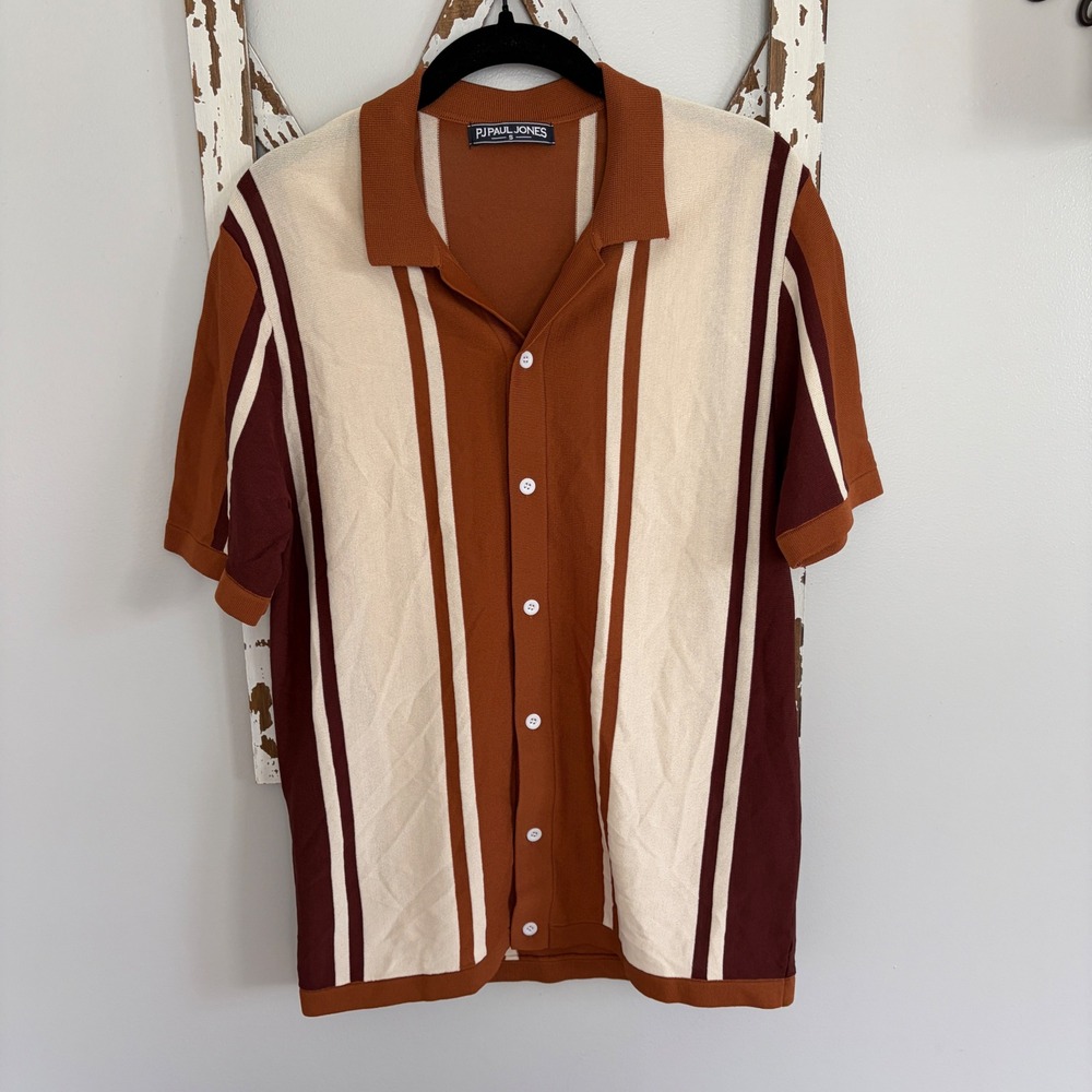 Paul Jones Short Sleeve Retro Knit Stripe Lapel Collar Polo Shirt Size Small